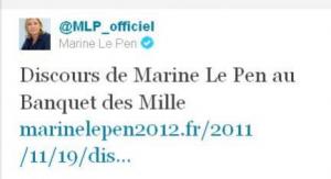 Tweet du discours de Marine Le Pen.